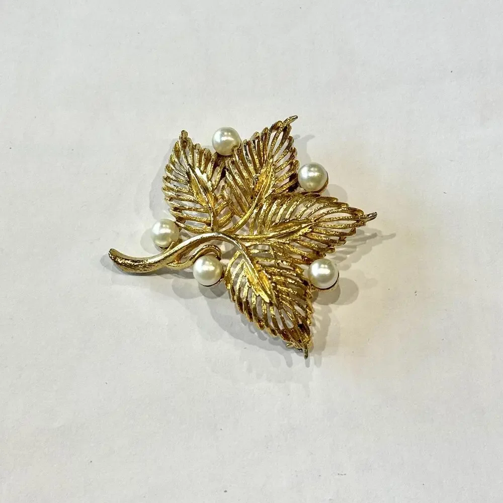 Vintage Gold Pearl Leaf Brooch‎ Pin Jewelry Shawl Bag